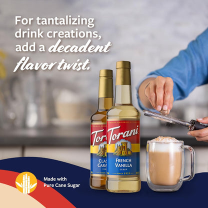 Torani Syrups, Classic Caramel and French Vanilla Syrup Variety 2-Pack, Coffee Syrups for Drinks, Pumps Included, 25.4 Fl Oz Ea