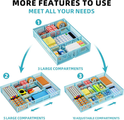 Marbrasse Expandable Desk Drawer Organizer, Mesh Drawer Organizer Tray with 10 Adjustable Compartments, Desk Organizers and Accessories for Office Supplies, Makeup & Vanity (Expandable-Blue)