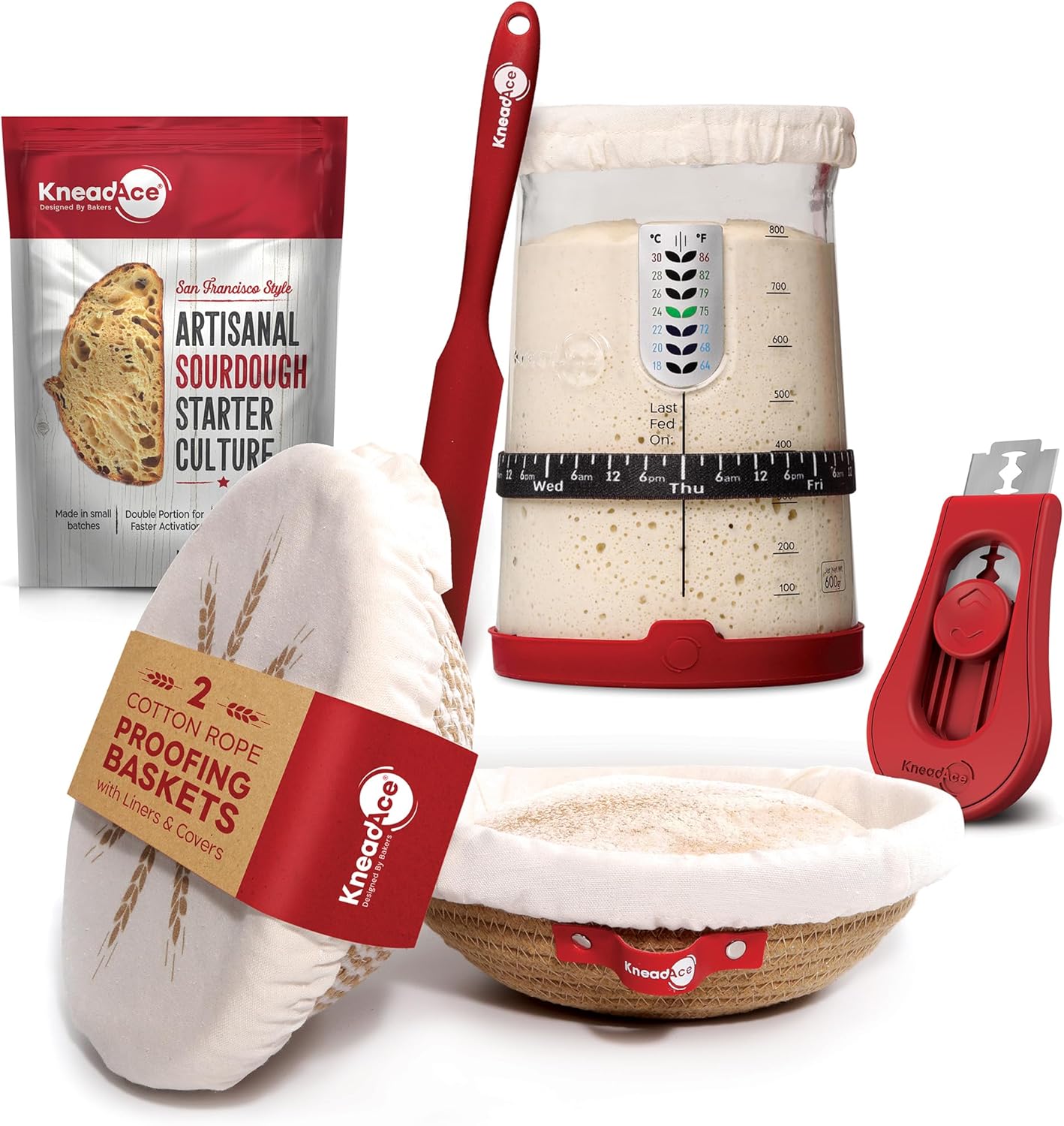 KneadAce Complete Sourdough Bread Baking Kit - 34oz Starter Jar, Cotton Rope Proofing Baskets, Magnetic Bread Lame, and Fast-Activation Sourdough Starter Culture for Perfect Artisan Loaves
