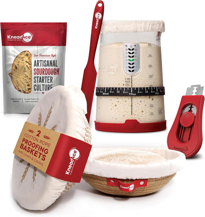 KneadAce Complete Sourdough Bread Baking Kit - 34oz Starter Jar, Cotton Rope Proofing Baskets, Magnetic Bread Lame, and Fast-Activation Sourdough Starter Culture for Perfect Artisan Loaves