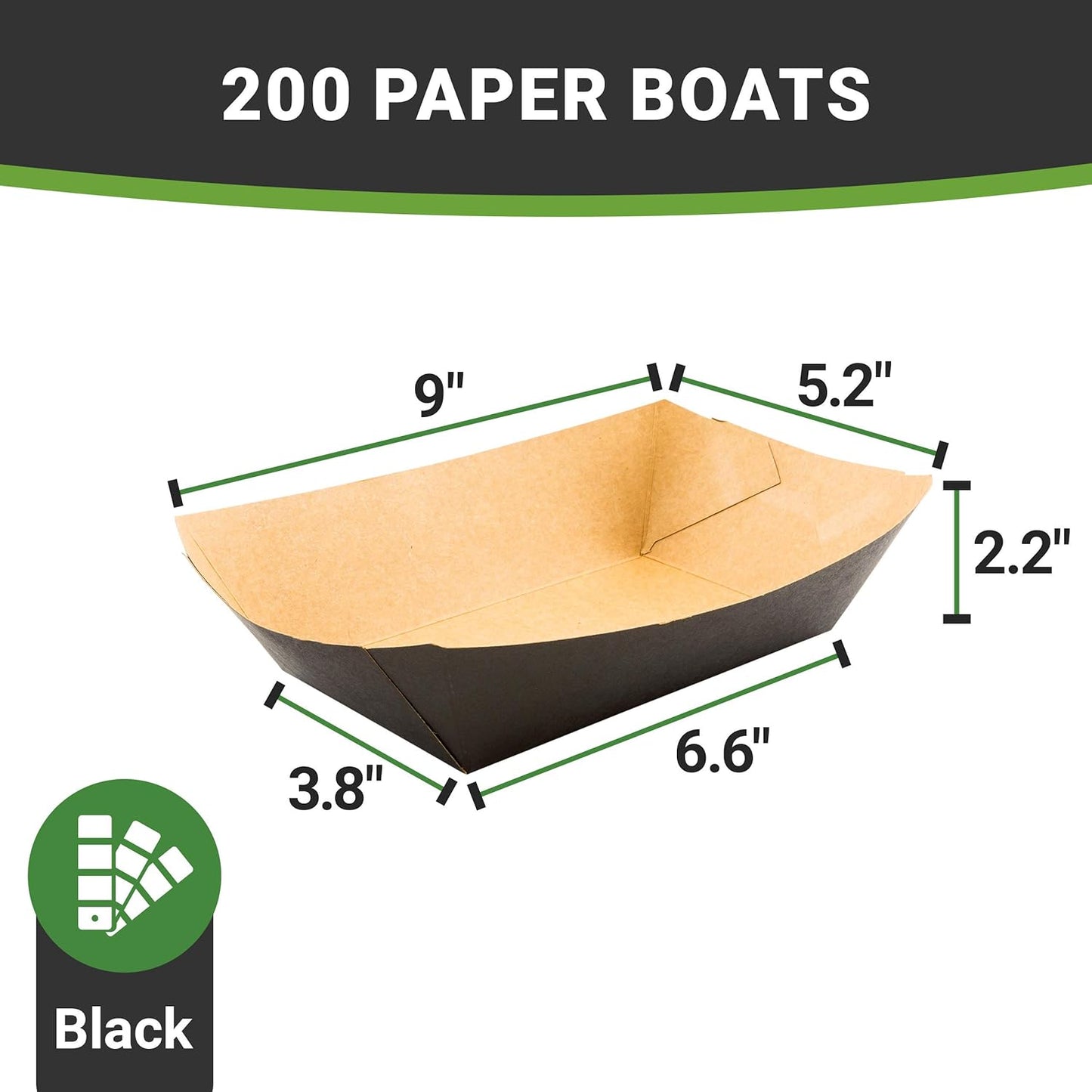 Restaurantware Bio Tek 2-pound Food Boats 200 Disposable Paper Food Trays - Heavy-Duty Greaseproof Black Paper Food Boats For Snacks Appetizers Or Treats Use At Parties Or Carnivals