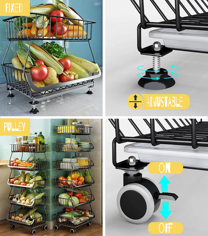MURRI&MURRDI Fruit Vegetable Storage Baskets with Wheels, 6 Tier Stackable Wire Storage Baskets, Tall Standing Produce Kitchen Rack, Narrow Rolling Cart for Pantry Snack Onion Potato, Black