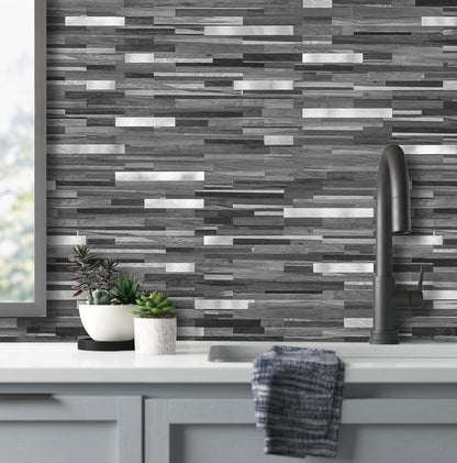 AULIGET Peel and Stick Backsplash, Black & Grey Wood Look PVC Mixed Metal Stick on Bathroom Backsplash, 2