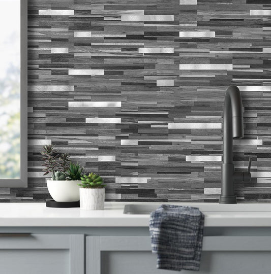 AULIGET Peel and Stick Backsplash, Black & Grey Wood Look PVC Mixed Metal Stick on Bathroom Backsplash, 2