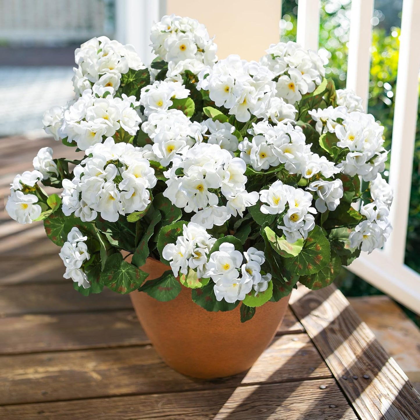 Artificial Geranium Fake Flowers for Outdoors Decoration, 6 Bundles Silk Geraniums White Flower UV Resistant Look Real Faux Plants for Front Door Garden Porch Planter Patio Balcony Yard Indoor Home
