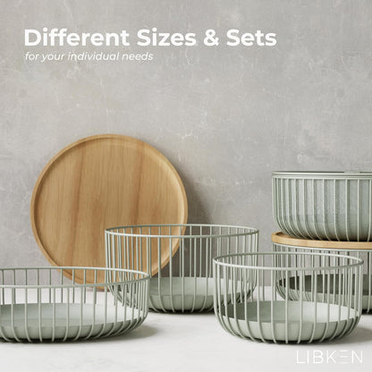 Metal Wire Mesh Fruit Baskets with Wooden Lid - Fly-Proof Indoor Solution for Fresh Fruits - Covered Fruit Bowl - Produce Cover Against Flies for Banana, Tomato and Vegetables - Green