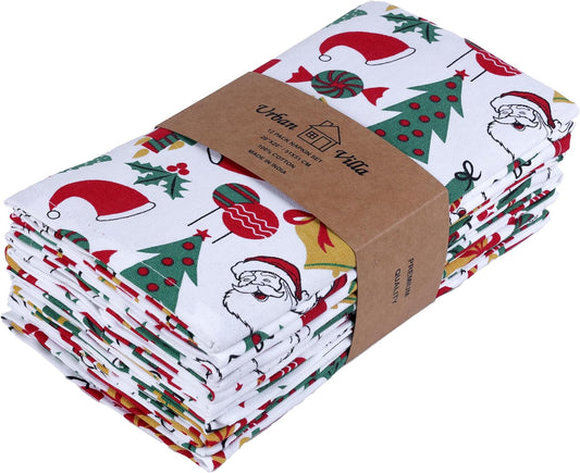 Urban Villa Christmas Dinner Napkins Christmas Print Cloth Napkins Set of 12 Premium Quality Dinner Napkins Cotton Oversized 20X20 in Cloth Napkins with Mitered Corners Ultra Soft Quality Napkins