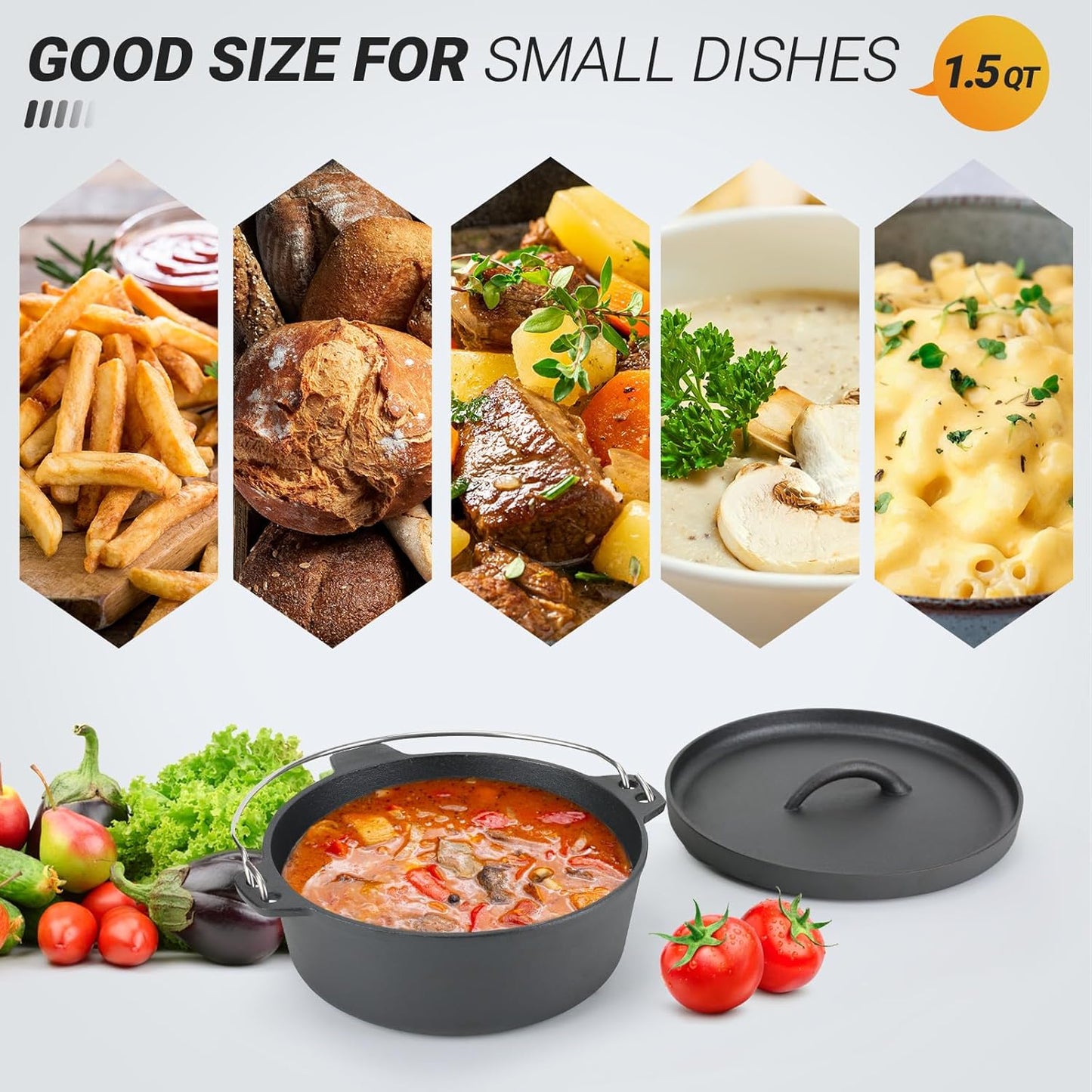 Cast Iron Dutch Oven Pot with Lid, for Small Dishes, Side Dishes, Camping Cookware set, BBQ, Garlic Roaster, 1.5 Quart Pan