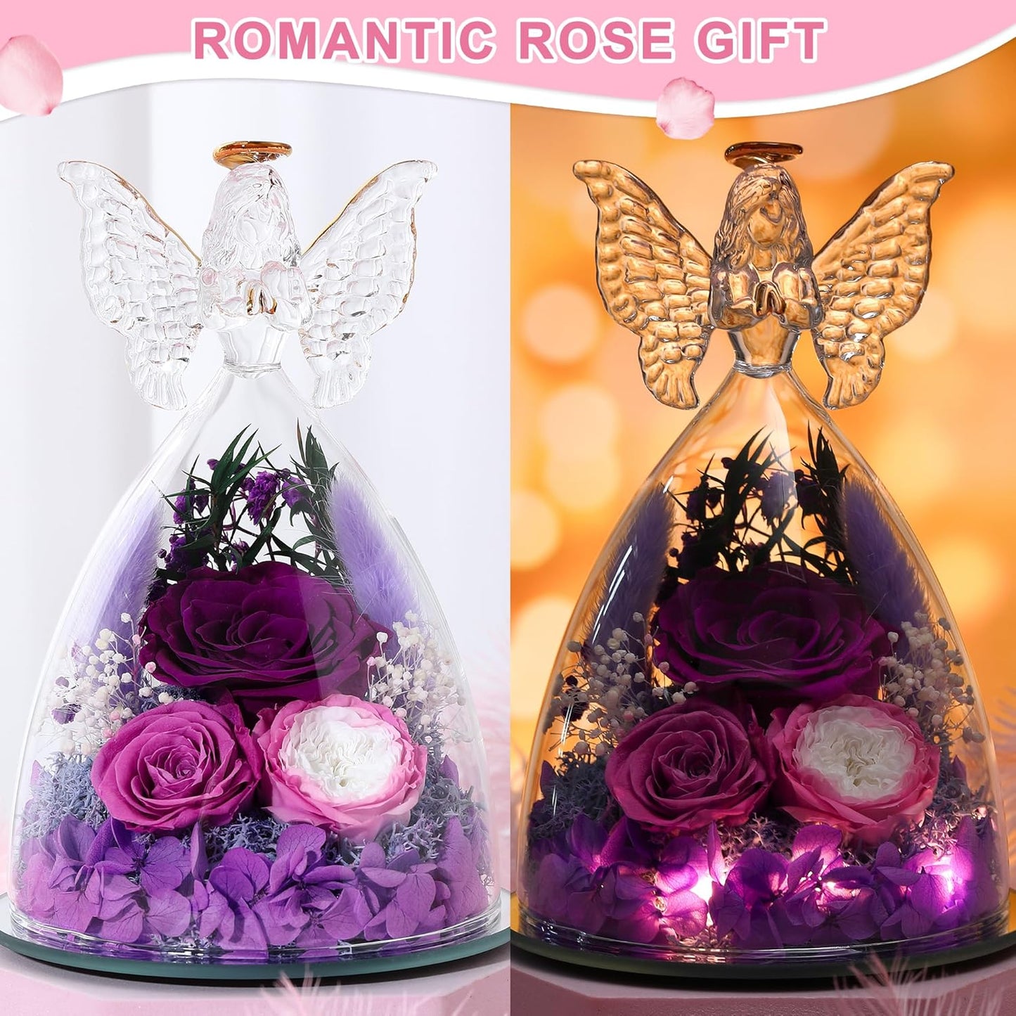 Christmas Rose Gifts for Women Preserved Real Flower in Glass Angel Figurines Roses for Delivery Prime Birthday Gifts for Mom Grandma Girlfriend Wife Her, Purple Austin Roses