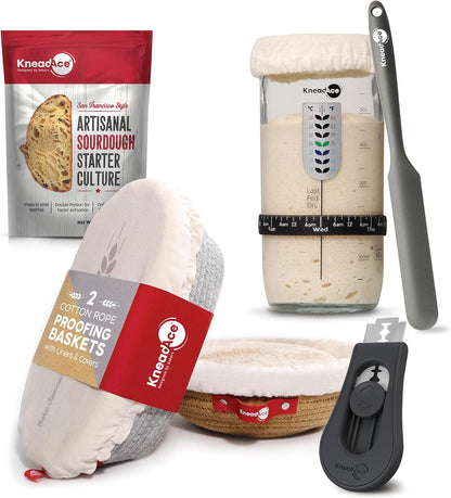 KneadAce Complete Sourdough Bread Baking Kit - 24oz Starter Jar, Cotton Rope Proofing Baskets, Magnetic Bread Lame, and Fast-Activation Sourdough Starter Culture for Perfect Artisan Loaves