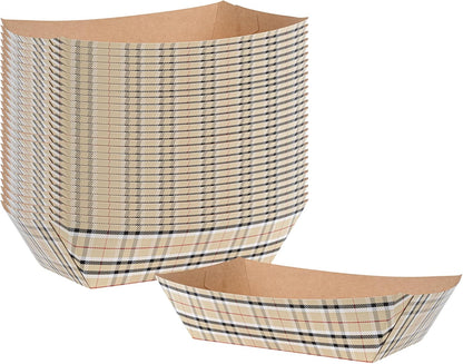 Restaurantware Bio Tek 2 Pound Food Boats 200 Disposable Paper Food Trays - Heavy-Duty Greaseproof Plaid Paper Boats For Snacks Appetizers Or Treats Use At Parties Or Carnivals