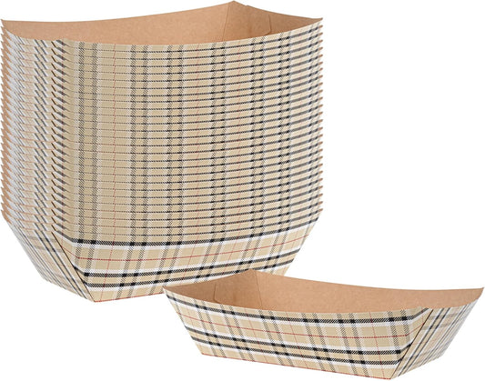 Restaurantware Bio Tek 2 Pound Food Boats 200 Disposable Paper Food Trays - Heavy-Duty Greaseproof Plaid Paper Boats For Snacks Appetizers Or Treats Use At Parties Or Carnivals