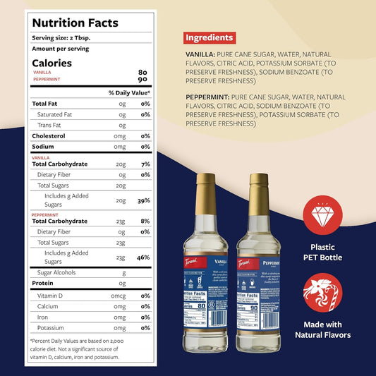 Torani Syrups, Peppermint and Vanilla Syrup Variety 2-Pack, Coffee Syrups for Drinks, Pumps Included, 25.4 Fl Oz Ea