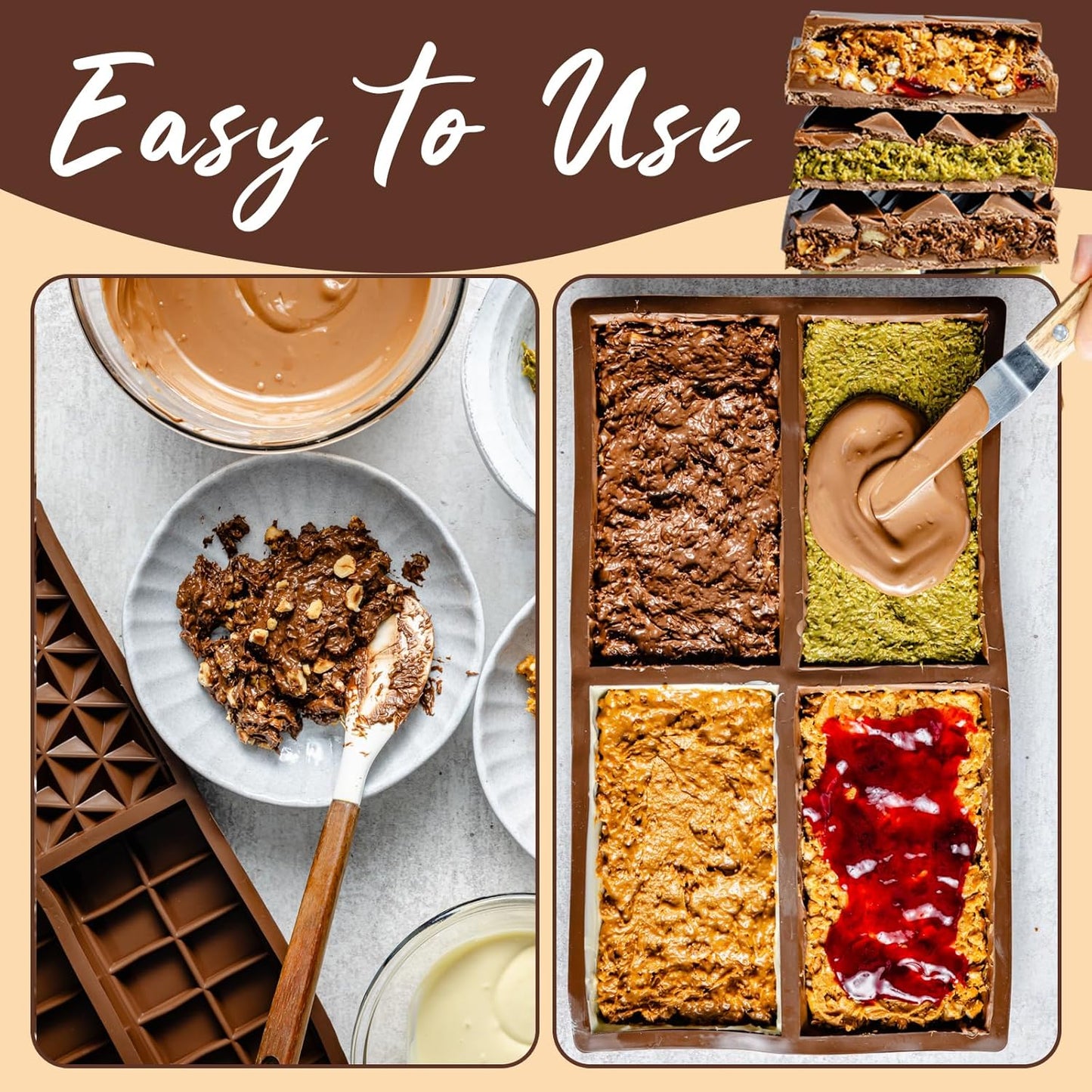 HKNMTT Chocolate Bar Silicone Molds, Large Stuffed Dubai Pistachio Deep Bar Moulds Kit 1 Inch Thick Big Pack of 2, Ideal for Homemade Making Bar Candy Bar Bpa Free DIY