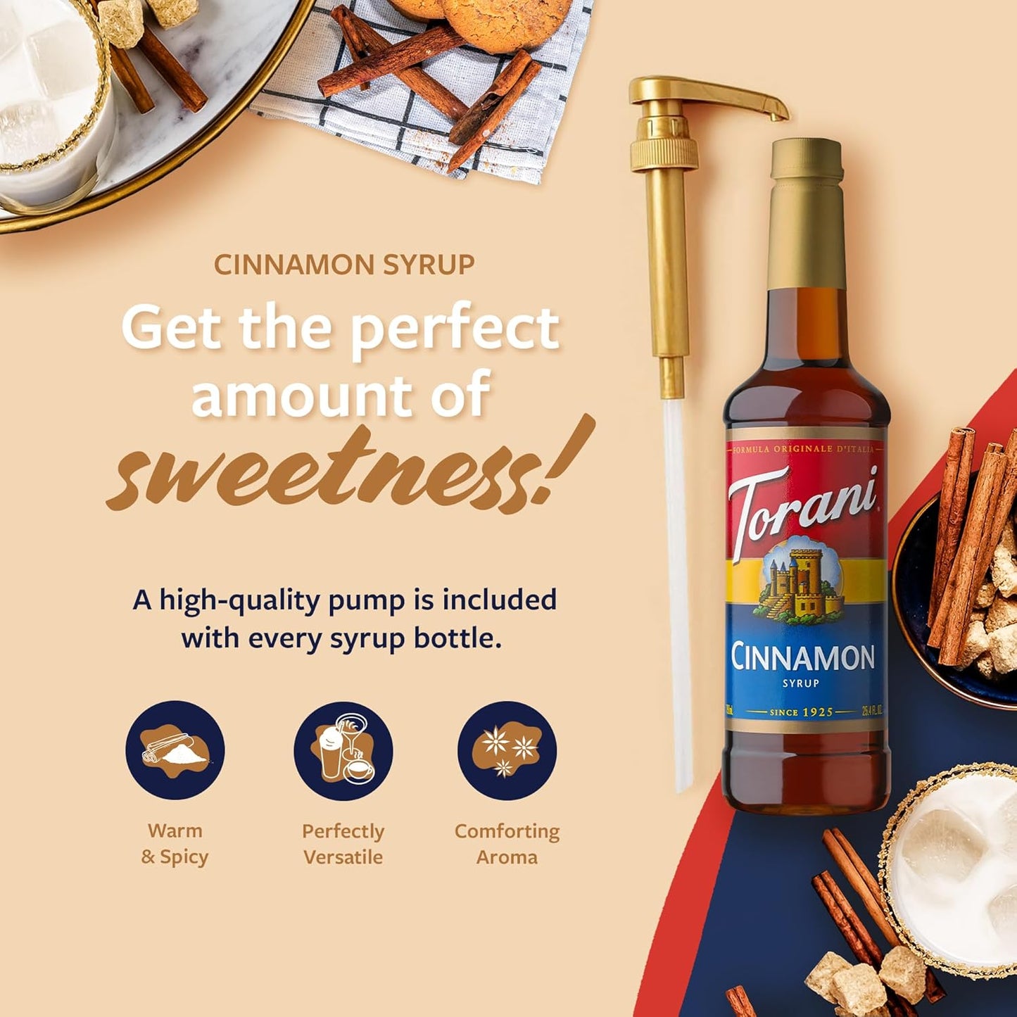 Torani Coffee Syrup, Cinnamon Flavored Syrup for Drinks, Pump Included, 25.4 Fl Oz