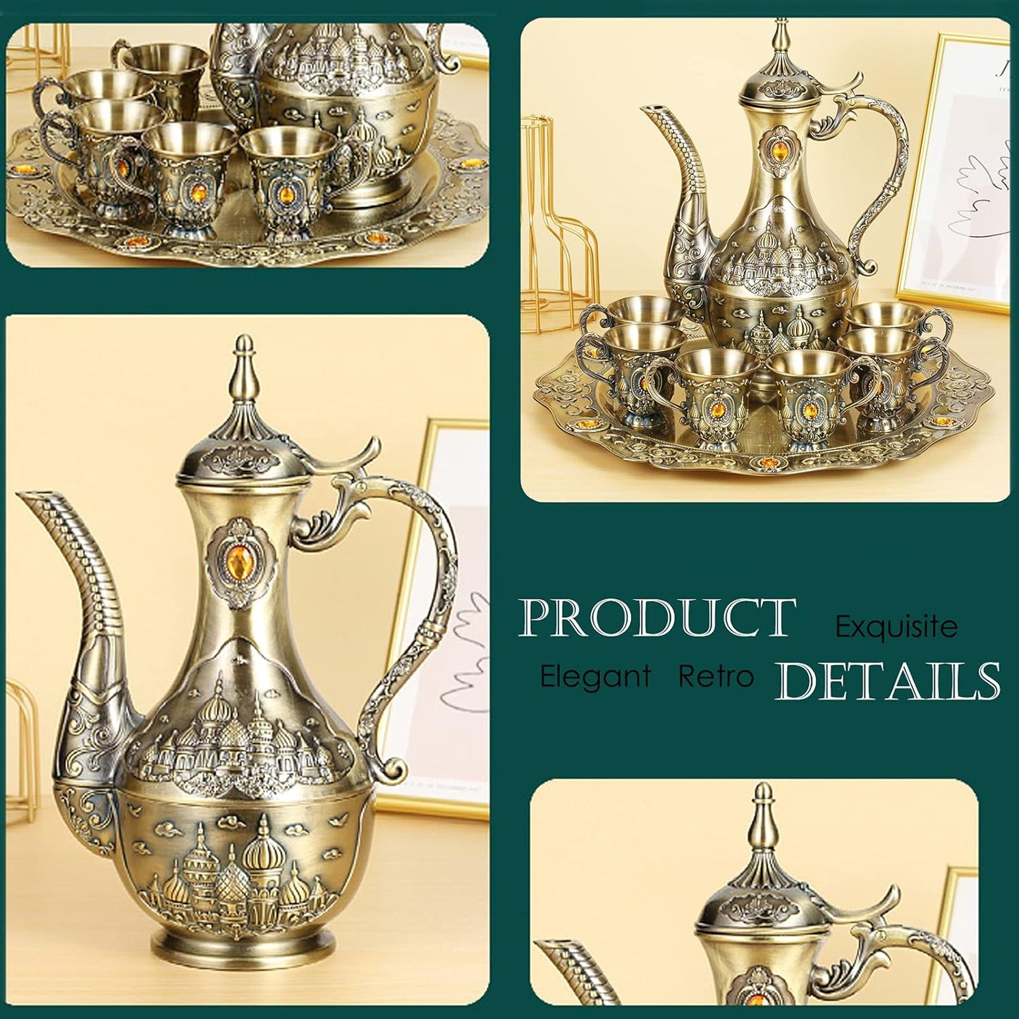 Vintage Turkish Coffee Pot Set for 6 Including Tray and Teapot,Metal Cups,Teapot and Cup Set for One,Tea Service Set for Home Tea Table Decor,Wedding Ornaments(Brass)