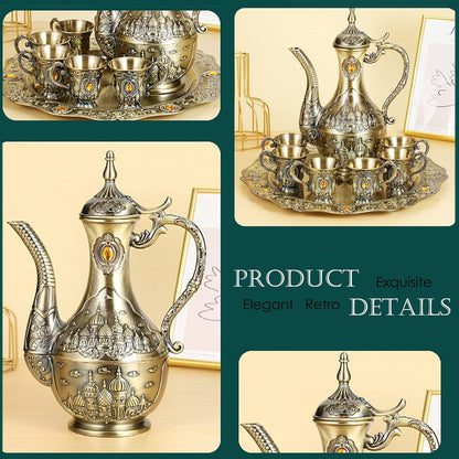 Vintage Turkish Coffee Pot Set for 6 Including Tray and Teapot,Metal Cups,Teapot and Cup Set for One,Tea Service Set for Home Tea Table Decor,Wedding Ornaments(Brass)