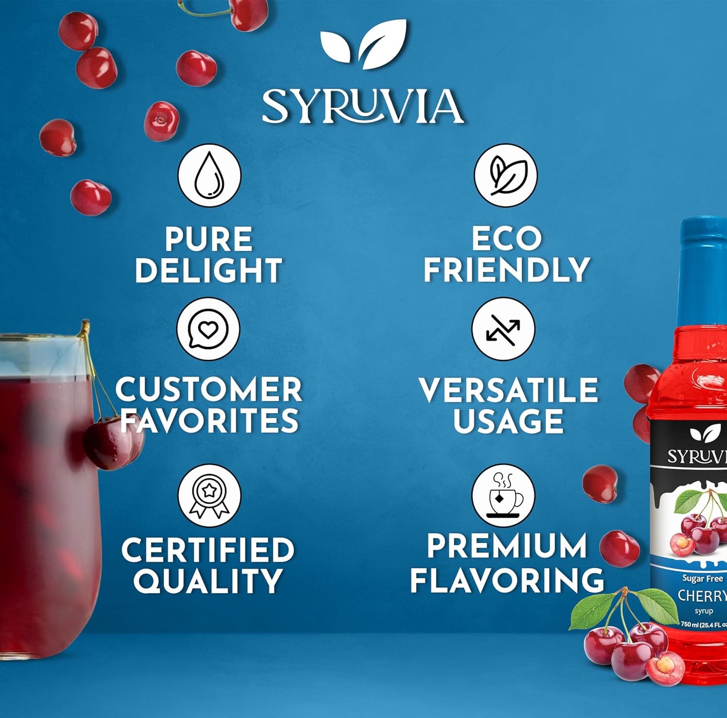 Syruvia Sugar-Free Cherry Syrup, Flavored Syrup for Drinks, Cocktails, Lemonades, Iced Teas, and Desserts – 25.4 fl oz