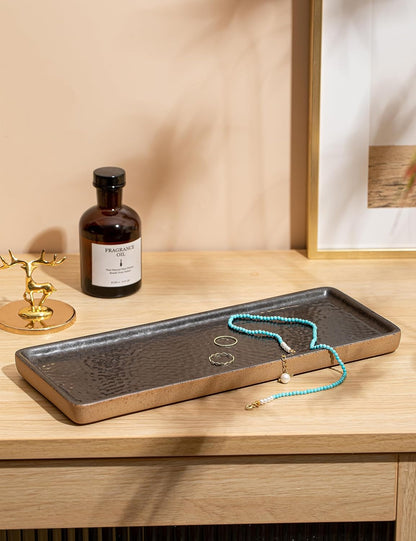 Vanity Tray with Brown Trim, Candle Tray, Bathroom Countertop Perfume Holder Organizer, Decorative for Dresser, Table, Countertop, Home décor, Rectangular, Black, 12''×4.7''