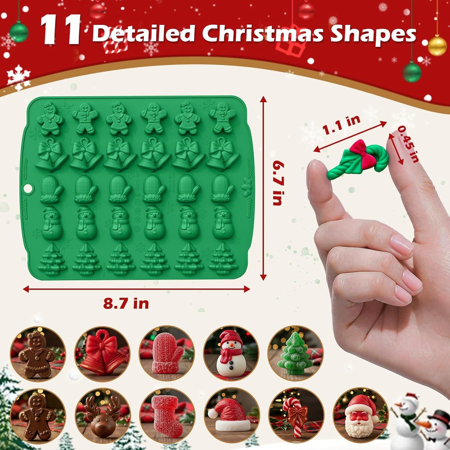 HKNMTT Christmas Silicone molds for Xmas Candy Chocolate Wax Decor, 60 Cavity 11 Shapes Gummy Mould, Including Tree Santa Cane Hat Socks Elk Gingerbread Man Bell Glove Snowman Food Grade DIY Set