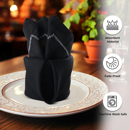 Urban Villa Cloth Napkin Set of 6 Hemstitch Black White 20x20 Inches Premium Soft Cotton Highly Absorbent Reusable & Washable Dinner Table Napkins for Home and Weddings