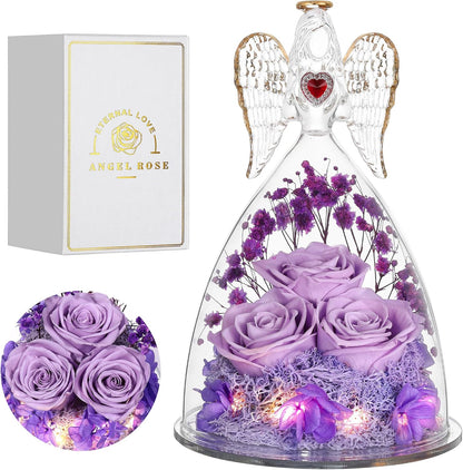 Mothers Day Rose Gifts for Women, Large Angel Figurines with Real Roses, Preserved Real Flower Rose for Her, Light Purple