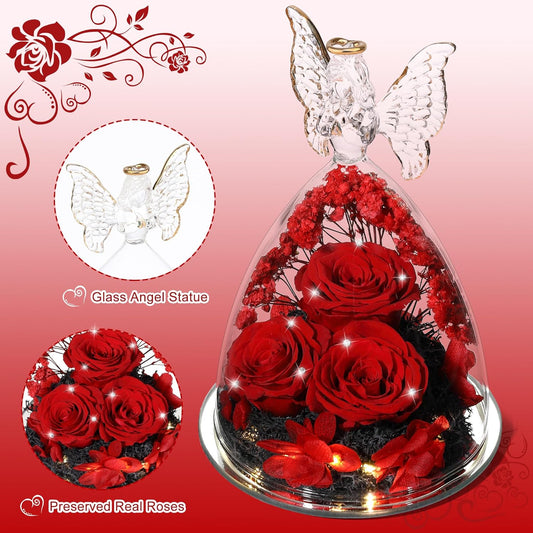 Christmas Rose Gifts for Women Preserved Real Flower in Glass Angel Figurines Roses for Delivery Prime Birthday Gifts for Mom Grandma Girlfriend Wife Her, Crystal Red