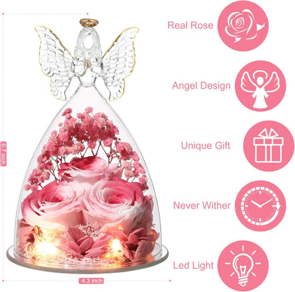Christmas Rose Gifts for Women Preserved Real Flower in Glass Angel Figurines Roses for Delivery Prime Birthday Gifts for Mom Grandma Girlfriend Wife Her, Pink White