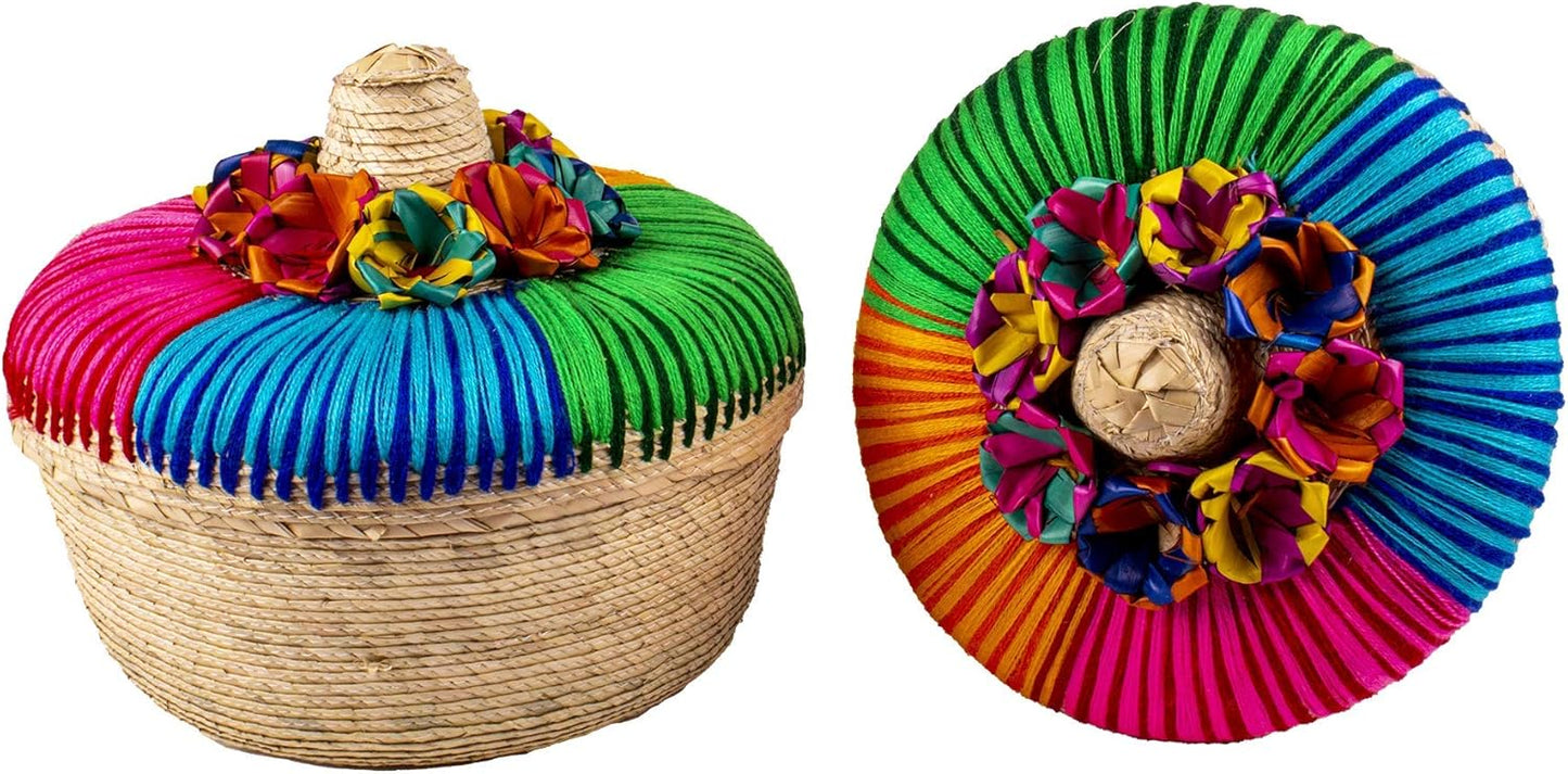 2-Pack Genuine Mexican Handwoven Tortilla Basket, Fiesta Mexican Tortilla Warmer, Tortilla Holder, Tortillero, Palm Straw Baskets Handmade in Mexico, Mexican Bowls (2, Arcoiris)