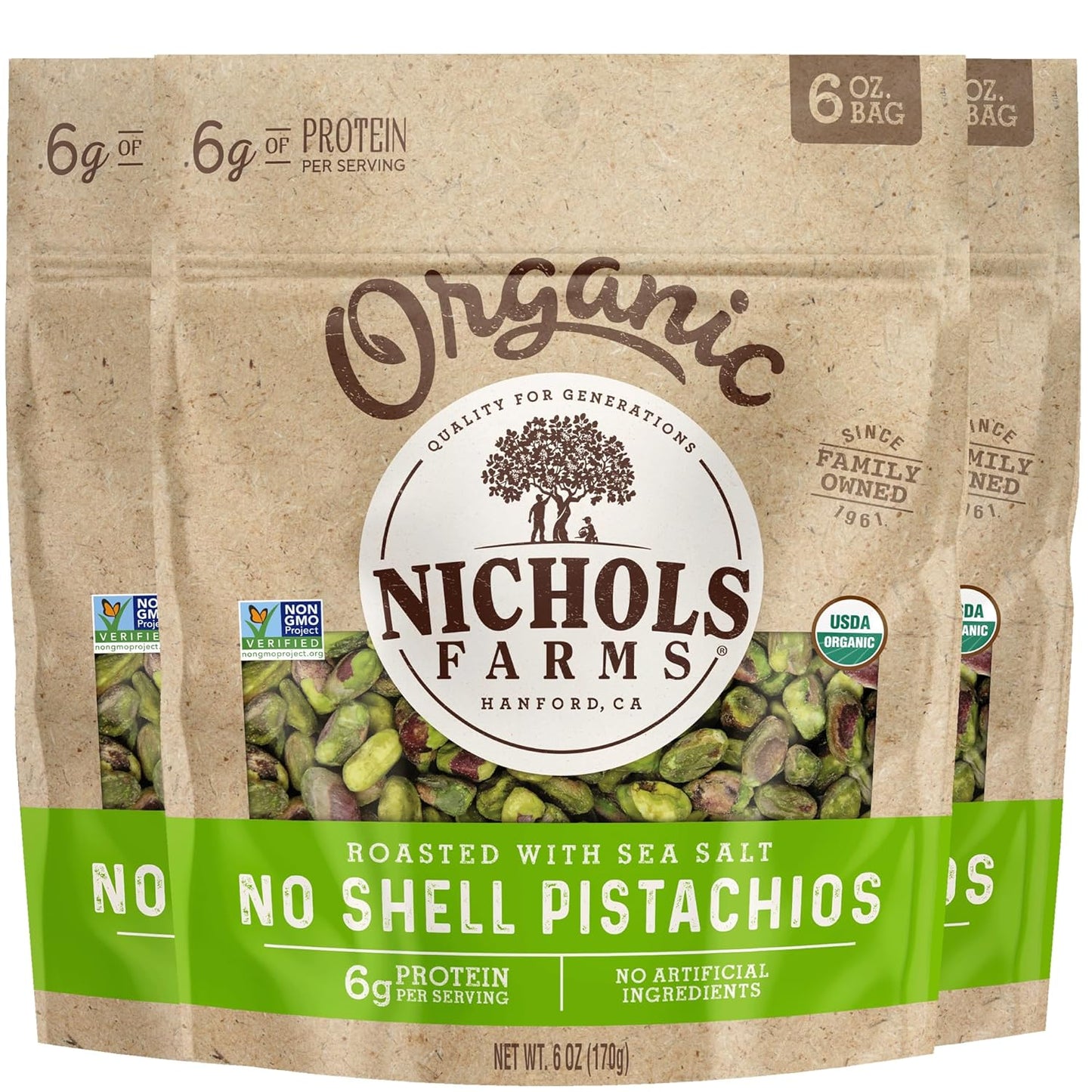 Nichols Farms Roasted with Sea Salt No Shell Pistachios, Kosher, USDA Certified Organic, Non-GMO, 6 Oz (Pack of 3)