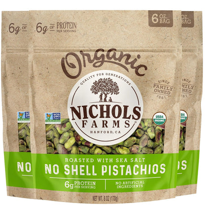 Nichols Farms Roasted with Sea Salt No Shell Pistachios, Kosher, USDA Certified Organic, Non-GMO, 6 Oz (Pack of 3)