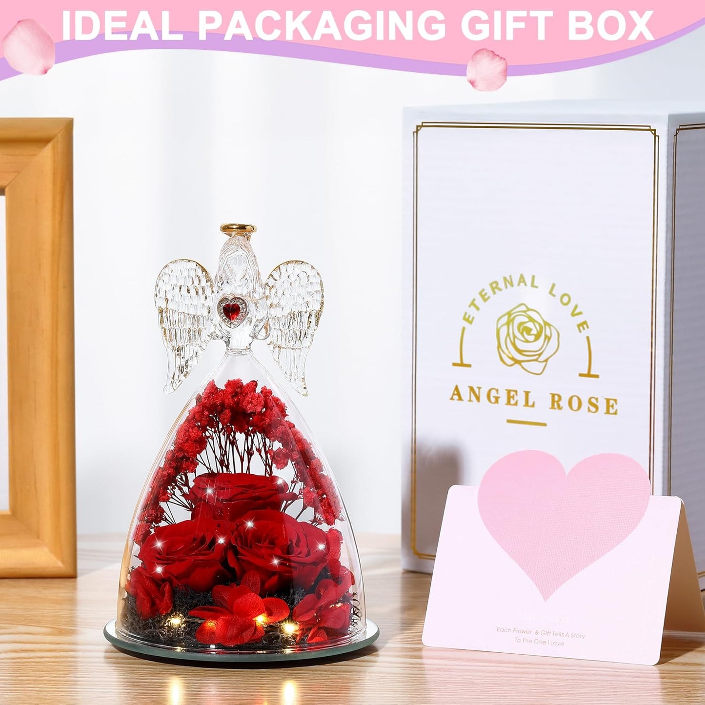 Mothers Day Rose Gifts for Women, Large Angel Figurines with Real Roses, Preserved Real Flower Rose for Her, Crystal Red
