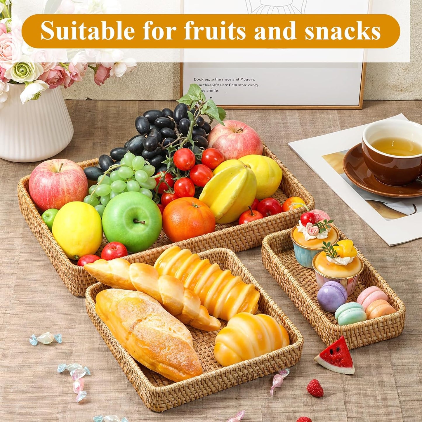 3 Pack Rattan Serving Tray, Woven Rectangular Storage Baskets, Natural Wicker Decorative Serving Baskets, Natural Woven Tray for Home Decor, Bathroom, Kitchen Counter