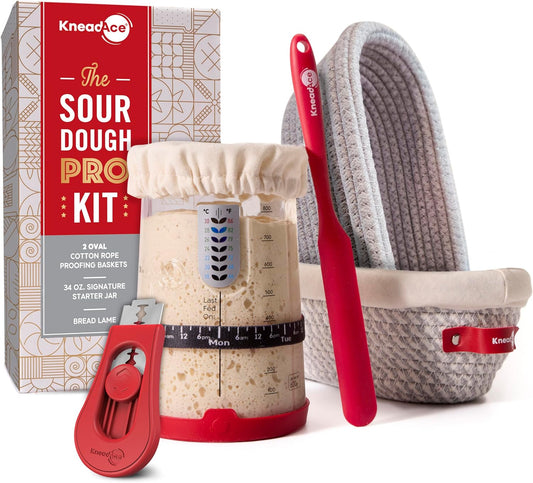 KneadAce Sourdough Starter Kit – 34oz Starter Jar, 2 Oval Banneton Proofing Baskets, Magnetic Bread Lame for Scoring – Gift for Bakers & Complete Sourdough Bread Baking Set