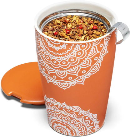 Tea Forte Double-Walled Ceramic Kati Cup, Removable Stainless Steel Infuser Basket and Lid, Steeps 12 oz Loose Leaf Tea, Dishwasher & Microwave Safe, Chakra