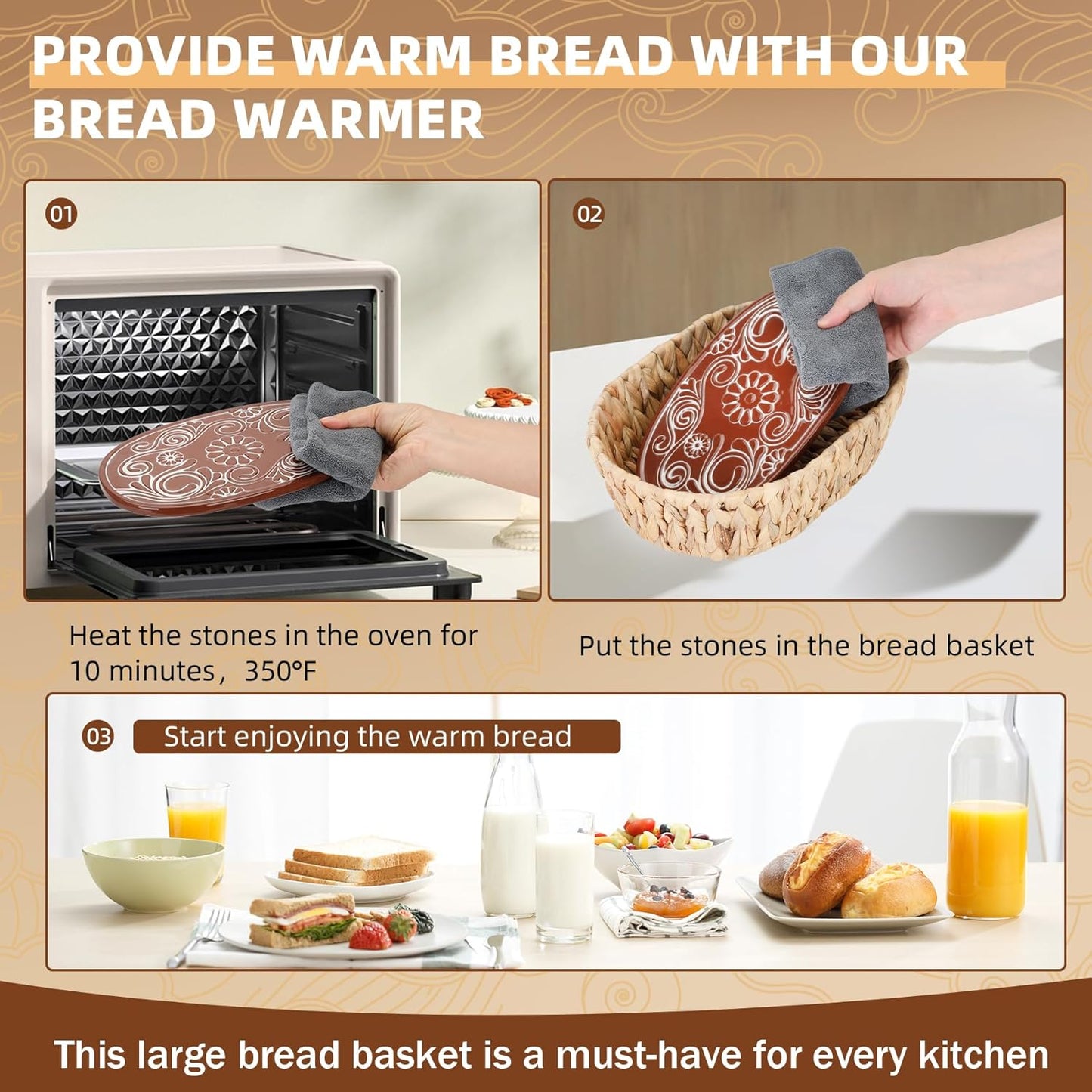 Bread Warmer Basket with Stone, Bread Baskets for Serving Tortilla,Bread Basket with Warming Stone, Ideal Bakers' Gift for Kitchen Lovers, Men & Women, New Homes, 1 Year Full Warranty