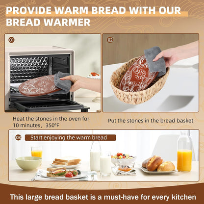 Bread Warmer Basket with Stone, Bread Baskets for Serving Tortilla,Bread Basket with Warming Stone, Ideal Bakers' Gift for Kitchen Lovers, Men & Women, New Homes, 1 Year Full Warranty