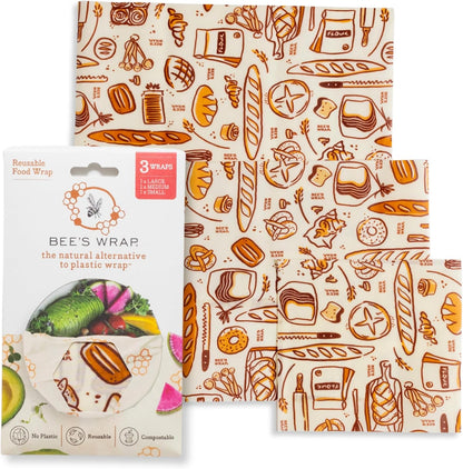 Bee's Wrap Beeswax Wraps for Food - Made in USA Reusable & Organic Food Wraps, Sandwich Wrap & Bowl Covers - Eco-Friendly Alternative to Aluminum Foil & Plastic Wrap, Bakery Lane 3 Pack (S, M, L)