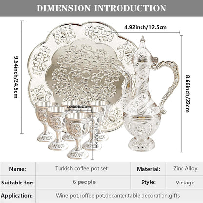 Vintage Turkish Coffee Pot and Cups Set,Tea Service Set Including Teapot,Tea Tray and Metal Cups for Wine Cabinet Decor,Wedding Ornaments (Silver and White)