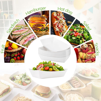 120 Pcs Paper Food Boat Trays, 2 LB Heavy Duty Paper Boats, White Kraft Food Serving Boat Tray, Disposable Nacho Tray for Snack Hot Dog BBQ Dessert Salad Taco, Water & Grease Resistant, White