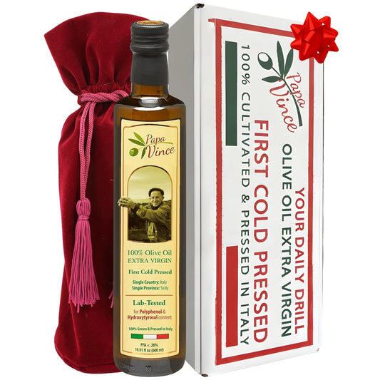 Papa Vince Olive Oil Gourmet Gift - Dipping Olive Oil, First Cold Pressed, Extra Virgin, Premium Harvest, Peppery finish, Bread Dipping Olive oil. Great for Drinking and Drizzling. Family-owned, Sicily Italy