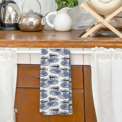 Vintage Teacups Kitchen Dish Towels, Blue and White Coffee Cups Kitchen Decor, Coffee Tea Lovers Gifts for Women, Tea Time Hand Towels Kitchen Bathroom Tea Towels Decorations, 16x24inch