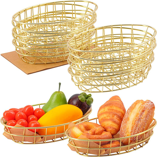 12 Pack Oval Wire Bread Basket, 9.65 x 6.1 x 2.17 Inch Metal Fast Food Baskets with 50 Sheets Deli Wrappers Paper, Metal Dinner Roll Baskets for Home & Kitchen, Serving and Storage(Golden)