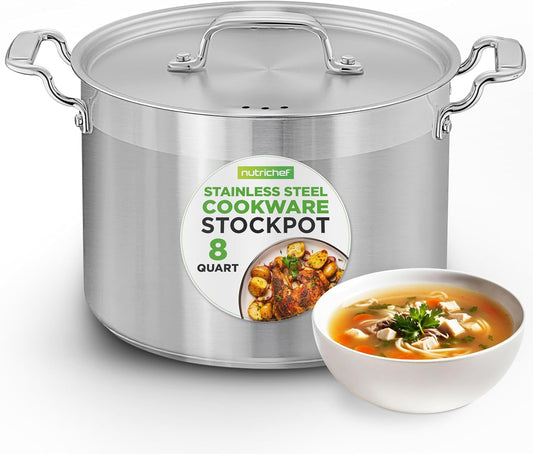 NutriChef 8 Qt Heavy-Duty Stockpot with Stainless Steel Lid - Induction Compatible Cooking Pot, Ideal for Soups and Stews