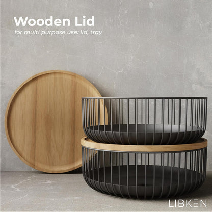 Fruit Basket with Wooden Bamboo Lid - Fruit Bowl For Kitchen Counter - Countertop Bin for Produce Fruits, Potato and Veggie - Metal Wire Baskets For organizing - 11.4"x11.4"x4.5" - Black