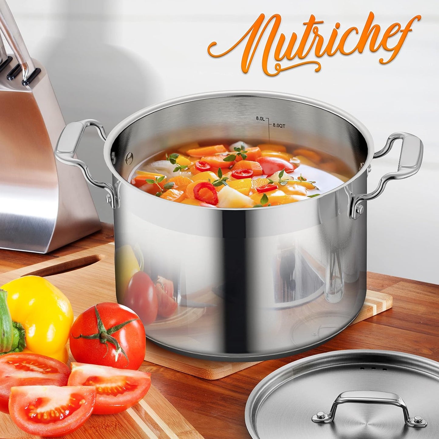 NutriChef 8 Qt Heavy-Duty Stockpot with Stainless Steel Lid - Induction Compatible Cooking Pot, Ideal for Soups and Stews