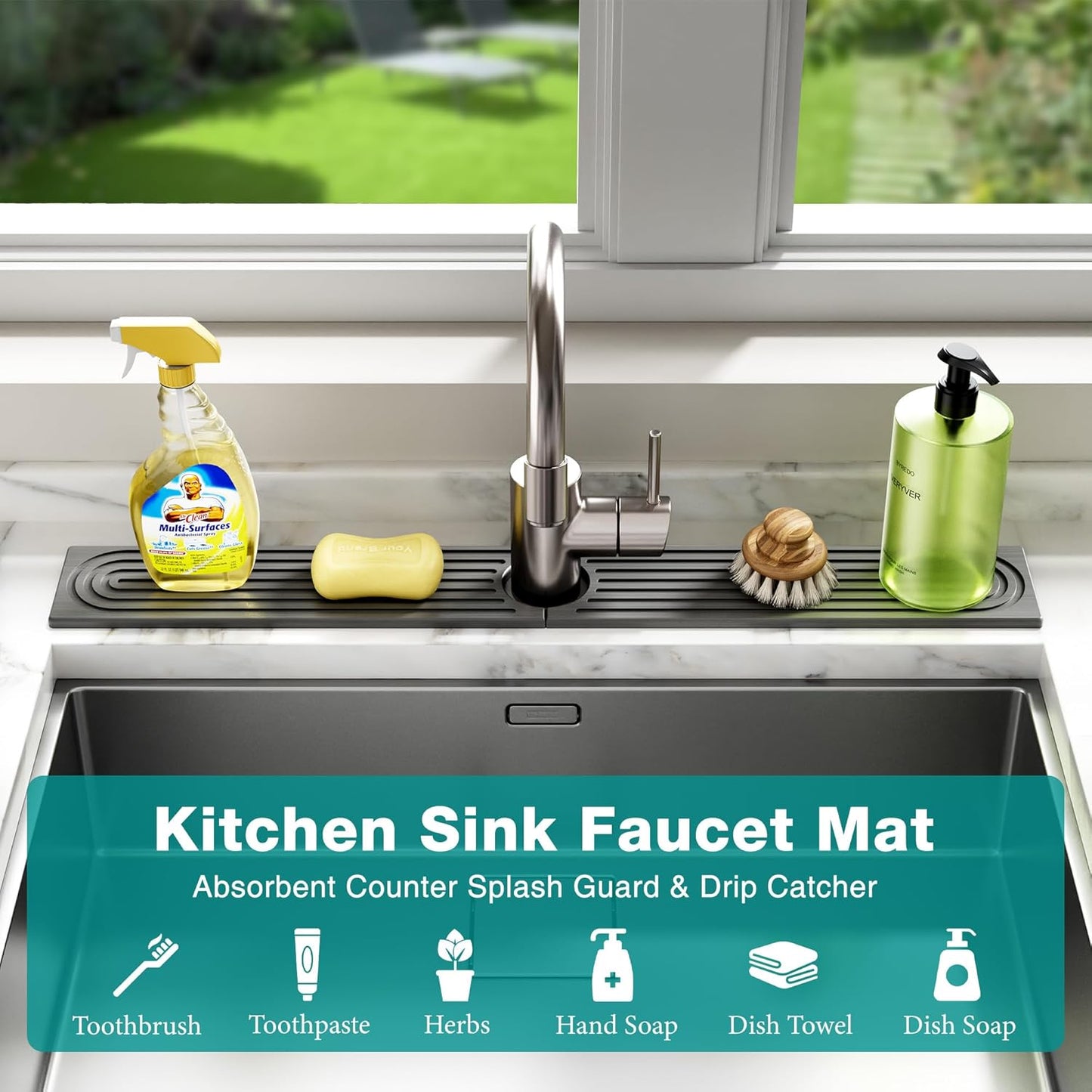 Stone Faucet Mat for Kitchen Sink - Quick Dry Diatomite Sink Splash Guard, Prevents Moisture Buildup & Water Stains, Water Absorbing Stone Tray for Bathroom Countertop (Dark Gray, 30" x 4")