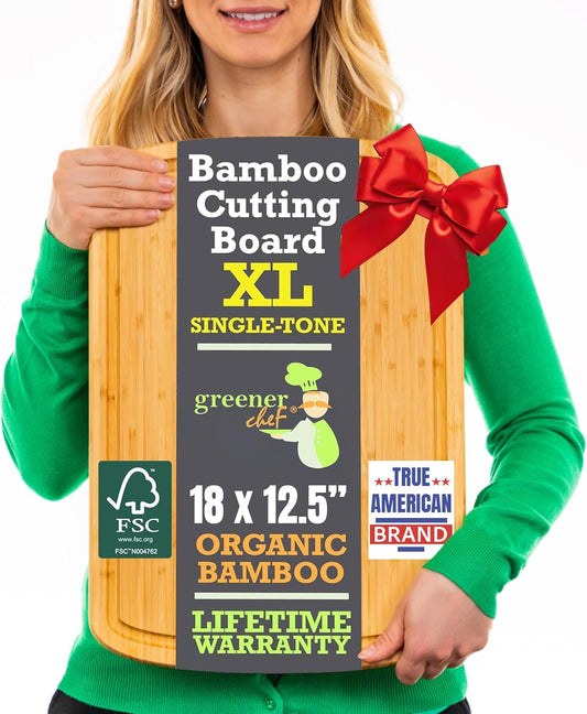 GREENER CHEF 18 Inch Extra Large Bamboo Cutting Board with Lifetime Replacements - Organic Wooden Butcher Block, XL Chopping Board for Kitchen, Meat, Vegetables, and Food Prep