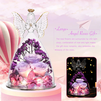 Christmas Rose Gifts for Women Preserved Real Flower in Glass Angel Figurines Roses for Delivery Prime Birthday Gifts for Mom Grandma Girlfriend Wife Her, Pinkpurpurple