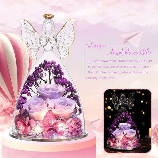Christmas Rose Gifts for Women Preserved Real Flower in Glass Angel Figurines Roses for Delivery Prime Birthday Gifts for Mom Grandma Girlfriend Wife Her, Pinkpurpurple